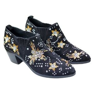 REBECCA MINKOFF black suede Lucy stargazer Booties sequins beaded women's Size 7